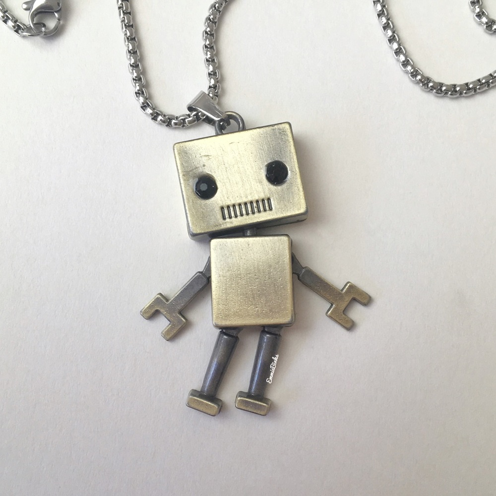 New Metal Robot 2 Sided Smaller Version Pendant Necklace, Stainless Steel - Picture 7 of 16